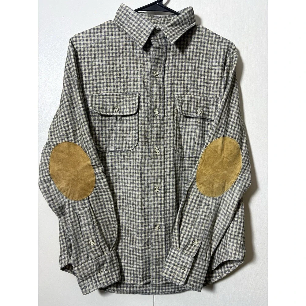 VTG Lord Jeff Wool Houndstooth Shirt Jacket Suede Elbow Patches USA M Hunting